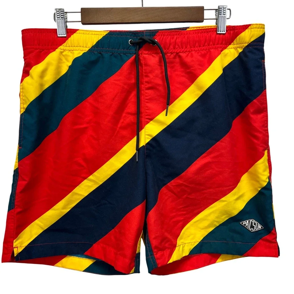 PacSun Swim Trunks Mens Large Red‎ Yellow Navy Diagonal Striped Board Shorts